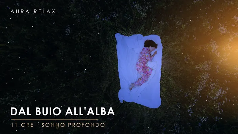 Una persona dorme in un letto in mezzo a un prato notturno, con la luce dell'alba a destra
